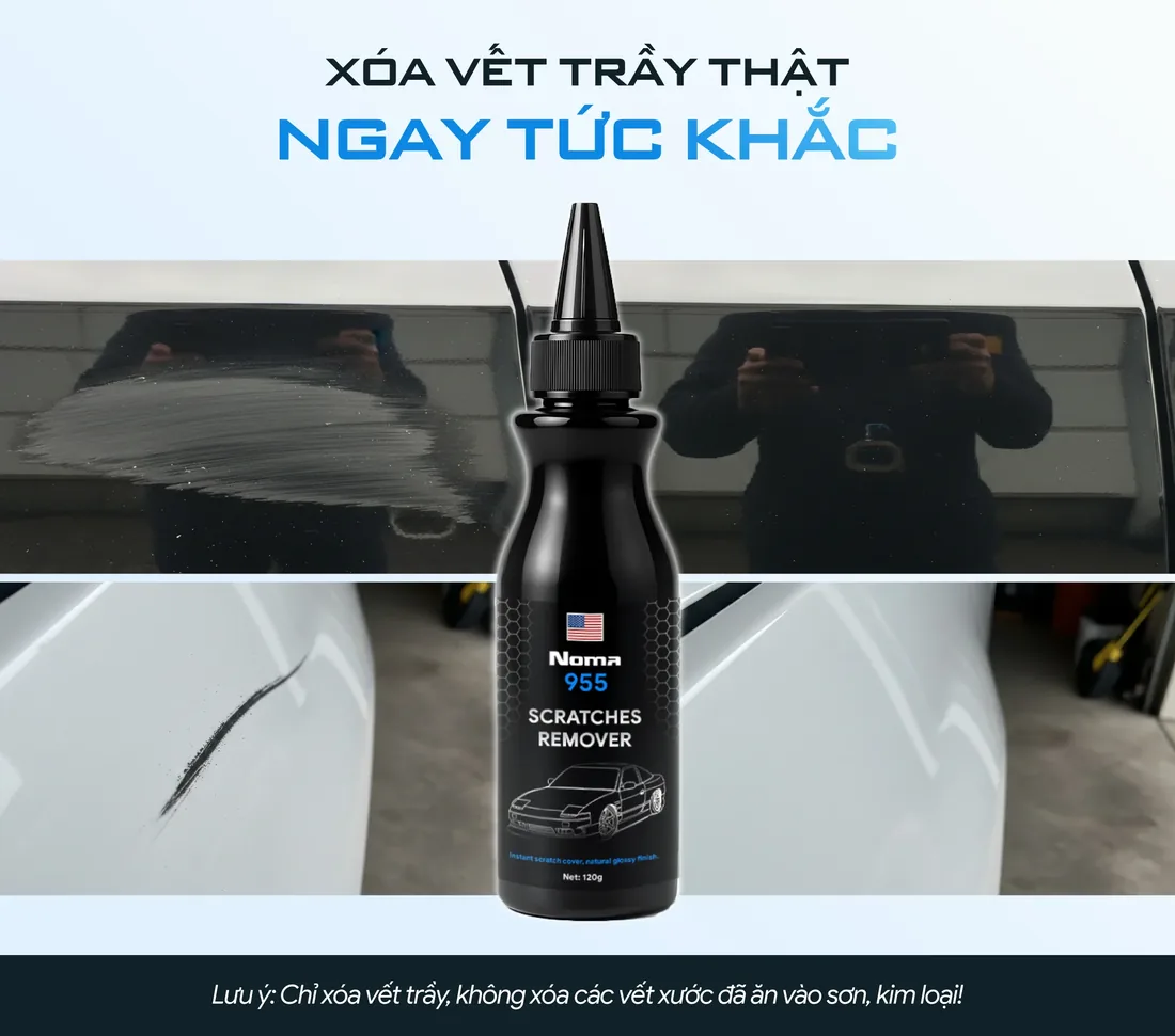 Ảnh trước và sau của hãng: vệt quẹt trên cửa xe sơn xám và vết quệt đen trên sơn trắng, bên phải đã sạch